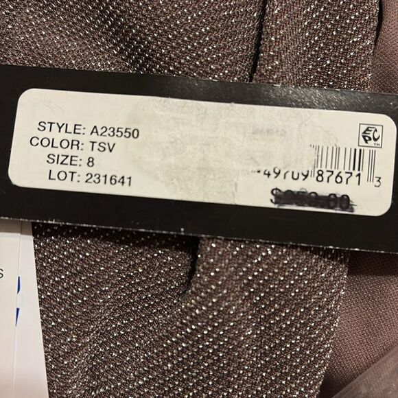 Betsy & Adam A23550 Cascade-Front Glitter Gown Sleeveless Taupe/Silver 8 - Picture 4 of 5